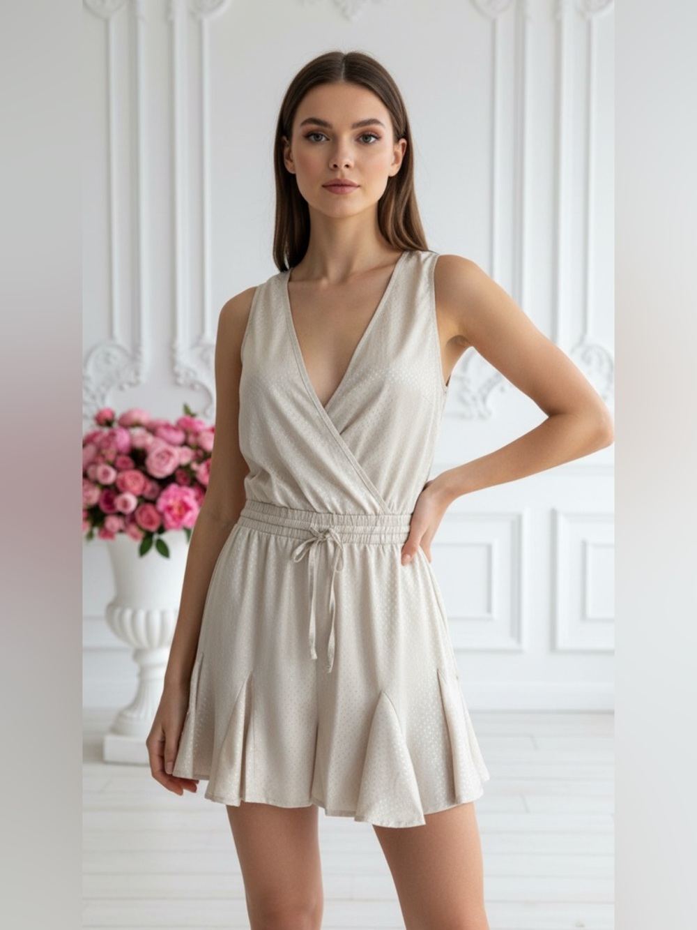 Promesa Silky Nude Romper With Champagne Accents Flattering Surplice V-Neck